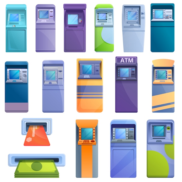 Conjunto de ícones de máquina atm, estilo cartoon