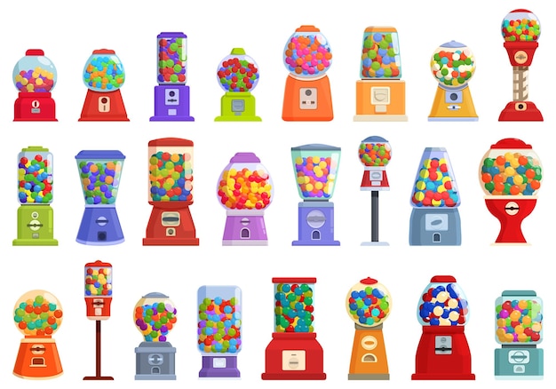 Vetor conjunto de ícones de máquina de chiclete vetor de desenho animado doce de goma