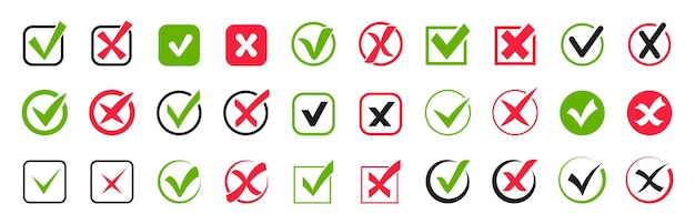 Conjunto de ícones de marca de seleção marcas de seleção verdes e cruzes vermelhas