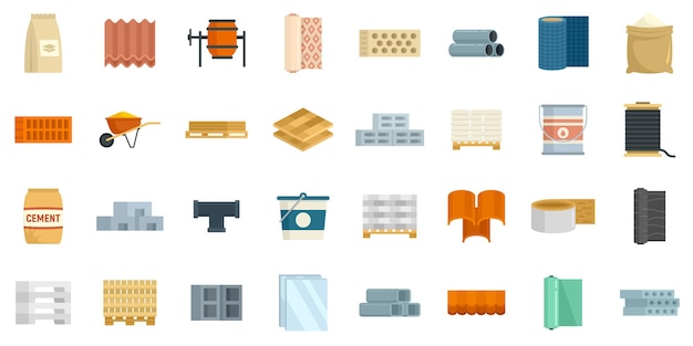 Conjunto de ícones de materiais de construção. conjunto plano de ícones vetoriais de materiais de construção isolados no fundo branco
