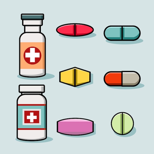 Vetor conjunto de ícones de medicamentos ilustração vetorial.
