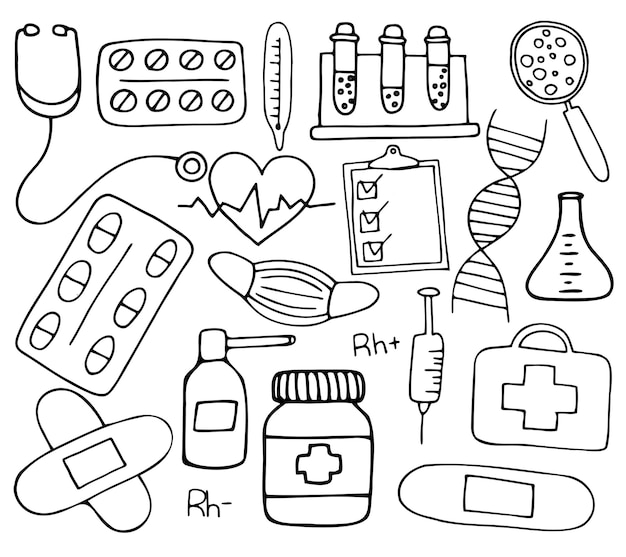 Vetor conjunto de ícones de medicina desenhados à mão. elementos médicos do doodle isolados no fundo branco.