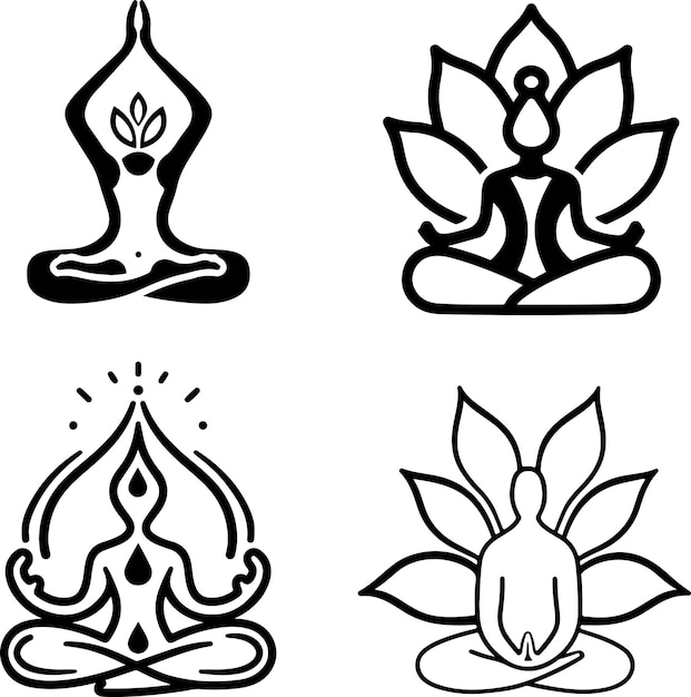 Conjunto de ícones de meditação, atenção plena, bem-estar, relaxação, mente, relaxamento, ioga. Ícones de linha fina, v plano.