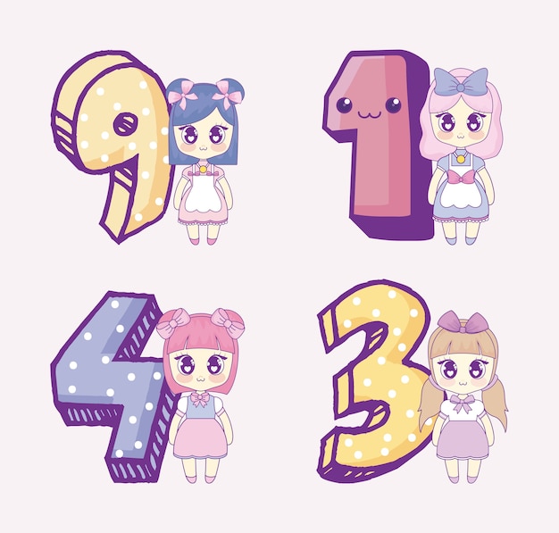 Vetor conjunto de ícones de meninas e números de anime kawaii