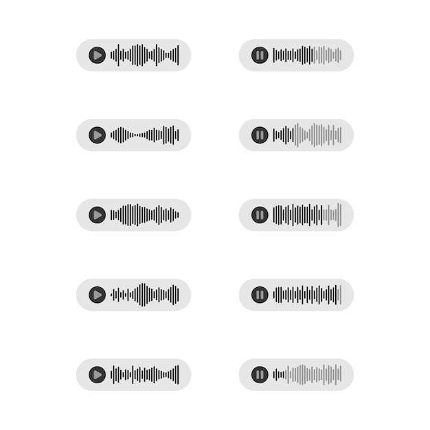 Conjunto de ícones de mensagem de áudio Som ou onda de áudio e símbolo de ilustração de reprodução de pausa Sinal vetor de mensagem de voz