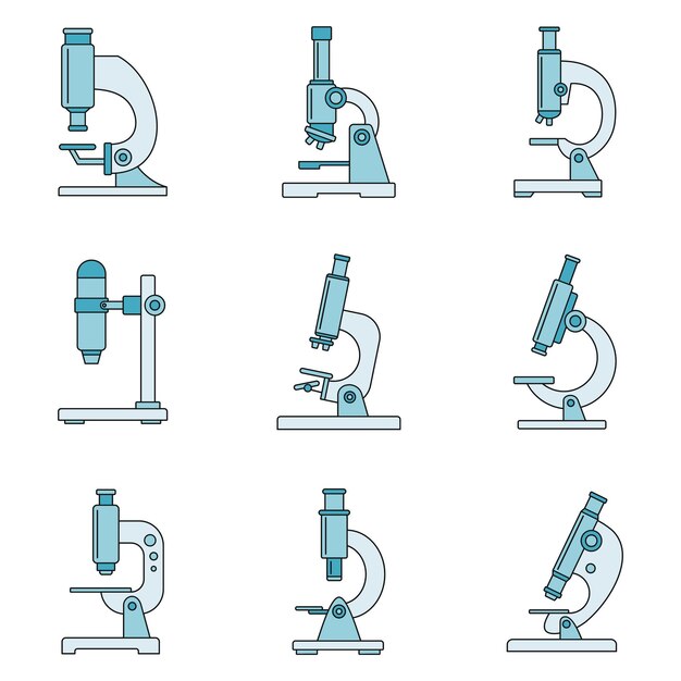 Conjunto de ícones de microscópio de biologia Conjunto geral de ícone vetoriais de microscopia de biologia Cor de linha fina plana em branco