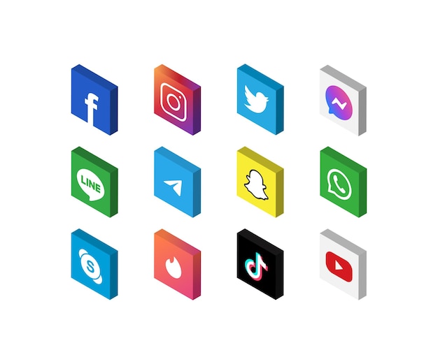 Vetor conjunto de ícones de mídia social com vista isométrica 3d, ícones isolados no fundo branco, ilustração vetorial