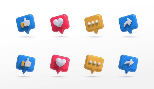 Vetor conjunto de ícones de mídia social polegares comentar compartilhar e amar o estilo 3d