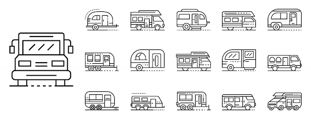 Conjunto de ícones de motorhome, estilo de estrutura de tópicos