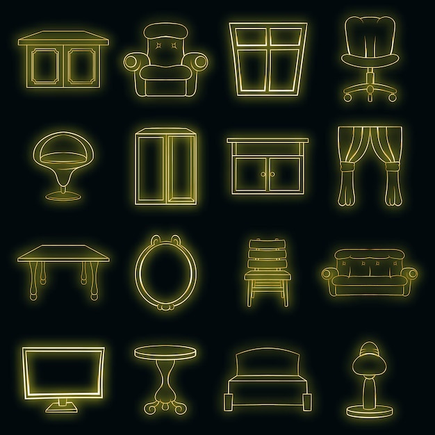 Conjunto de ícones de móveis em estilo neon isolados em um fundo preto
