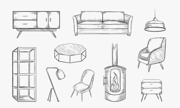 Vetor conjunto de ícones de móveis modernos de sala de estar vetor desenhado à mão esboço ilustração elementos de design de interiores isolados em fundo branco acolhedor loft contemporâneo coleção de móveis para casa