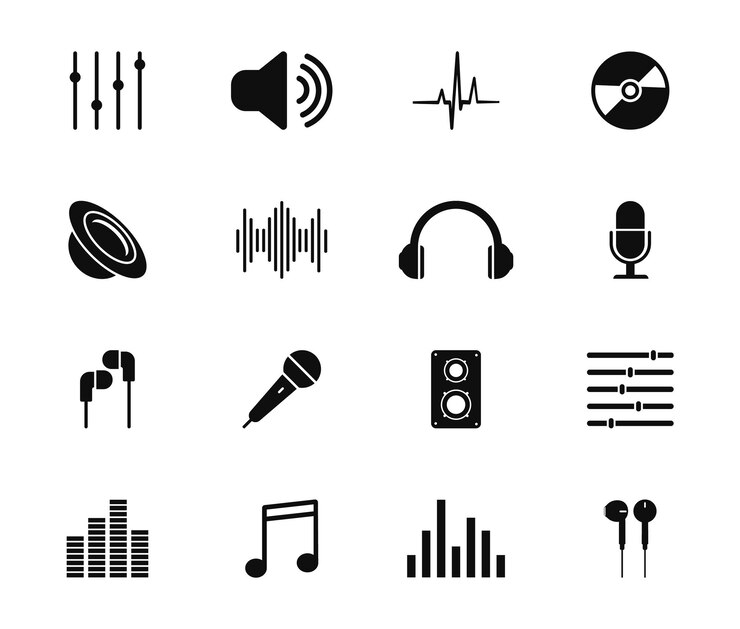 Vetor conjunto de ícones de música ícones de áudio microfone fone de ouvido alto-falante equalizador etc