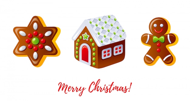 Conjunto de ícones de natal. homem-biscoito dos desenhos animados, casa de biscoito, estrela de biscoito.