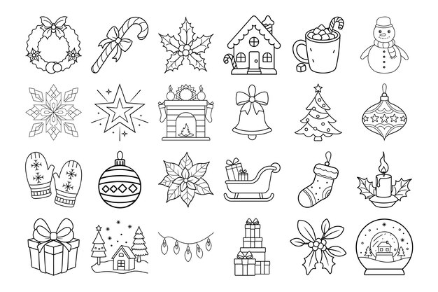Conjunto de ícones de Natal para colorir páginas de livros Elementos festivos de férias