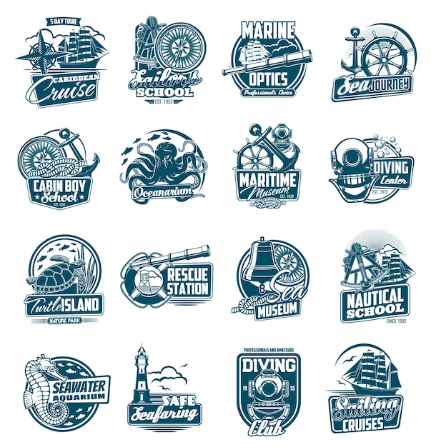 Conjunto de ícones de navegação marítima e viagem náutica.