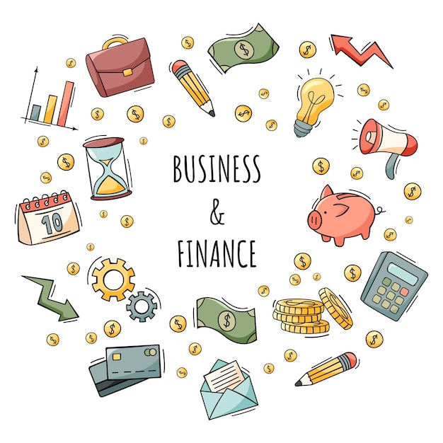 Conjunto de ícones de negócios e finanças desenhado à mão em estilo doodle