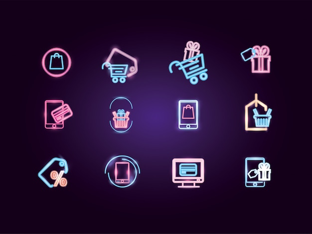 Conjunto de ícones de néon de compras e comércio eletrônico isolado