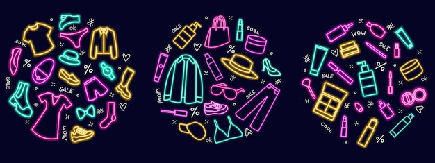 Conjunto de ícones de néon de roupas e cosméticos