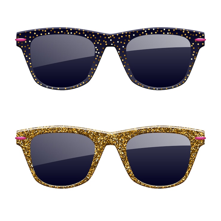 Vetor conjunto de ícones de óculos de sol com glitter dourado. acessórios de óculos de moda.