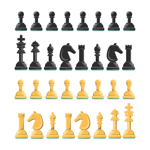 xadrez. conjunto de peças de xadrez brancas e pretas. cavalo, torre, peão,  bispo, rei, rainha. imagem vetorial. 8212699 Vetor no Vecteezy