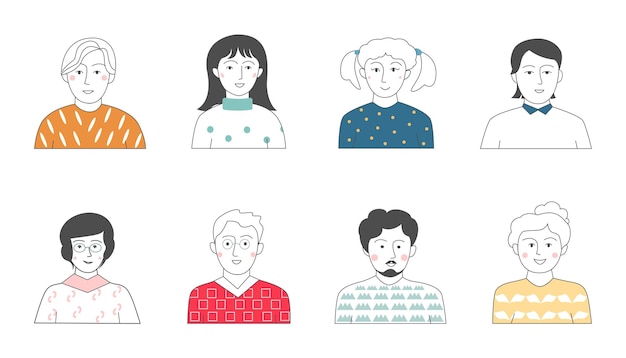 Conjunto de ícones de perfil em estilo desenhado à mão Ilustração em vetor