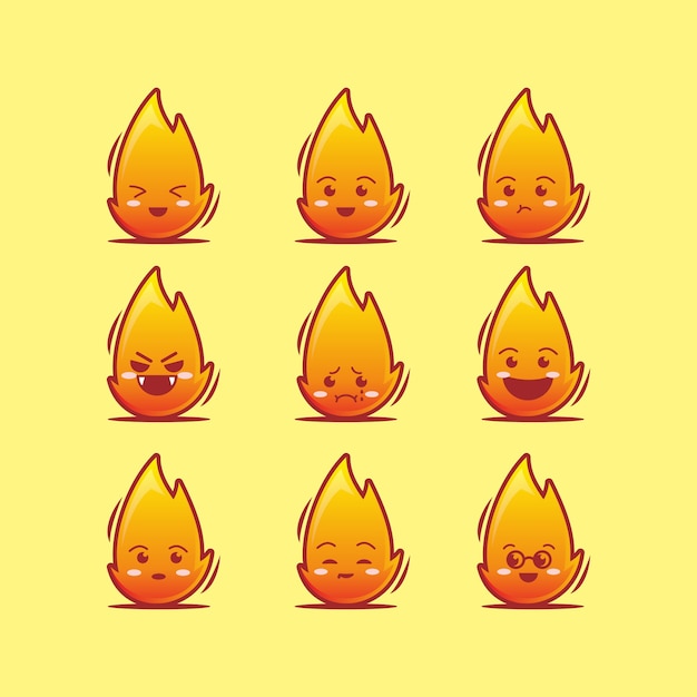 Vetor conjunto de ícones de personagem de fogo fofo, estilo cartoon plano