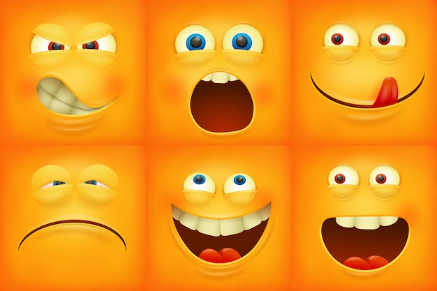 Vetor conjunto de ícones de personagens emoji de rostos amarelos de emoticons