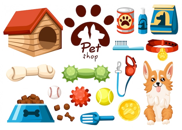 Conjunto de ícones de pet shop. acessórios para cães. ilustração. alimentos, brinquedos, bolas, coleira. produtos para pet shop. ilustração vetorial em fundo branco