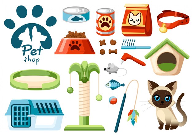 Vetor conjunto de ícones de pet shop. acessórios para gatos. ilustração. ração, brinquedos, tigela, coleira. produtos para pet shop. ilustração vetorial em fundo branco