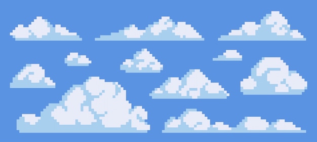 Conjunto de ícones de pixel art de nuvens fofas coleção de logotipos de elementos de céu de fumaça ou neblina