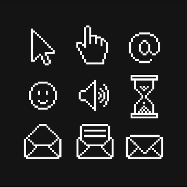 Conjunto de ícones de pixel de 8 bits ilustração vetorial isolada imagem em preto e branco ícones de computador emoji