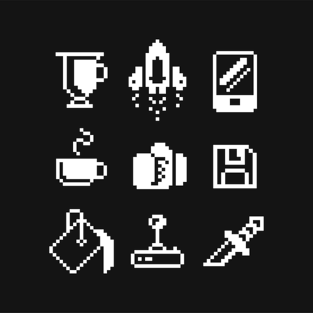 Vetor conjunto de ícones de pixel de 8 bits ilustração vetorial isolada imagem em preto e branco jogos de computador de naves espaciais