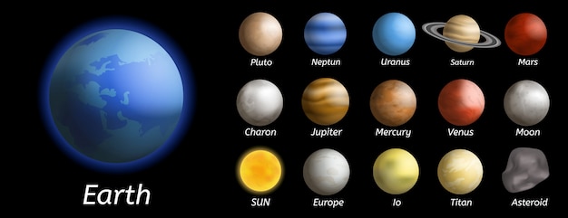 Vetor conjunto de ícones de planetas de galáxia, estilo realista