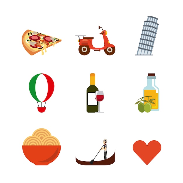 Conjunto de ícones de pontos de referência. design de cultura da itália. gráfico de vetor