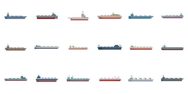 Conjunto de ícones de porta-aviões vetor plano porta-aviões