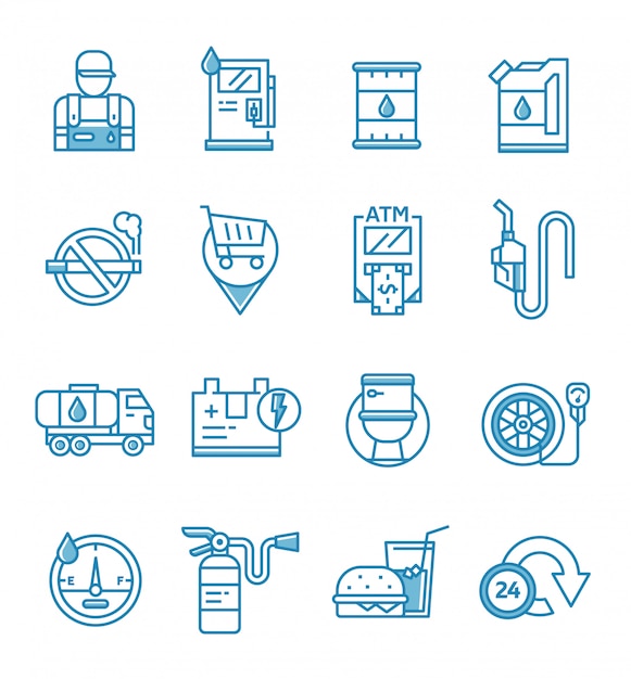 Conjunto de ícones de posto de gasolina e gasolina com estilo de estrutura de tópicos