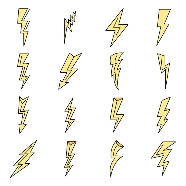Vetor conjunto de ícones de potência de raio conjunto geral de ícone vetoriais de energia de raio cor de linha fina plana em branco