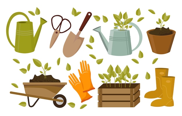 Conjunto de ícones de primavera sobre o tema da jardinagem Regador e pá, tesoura e carrinho de luvas
