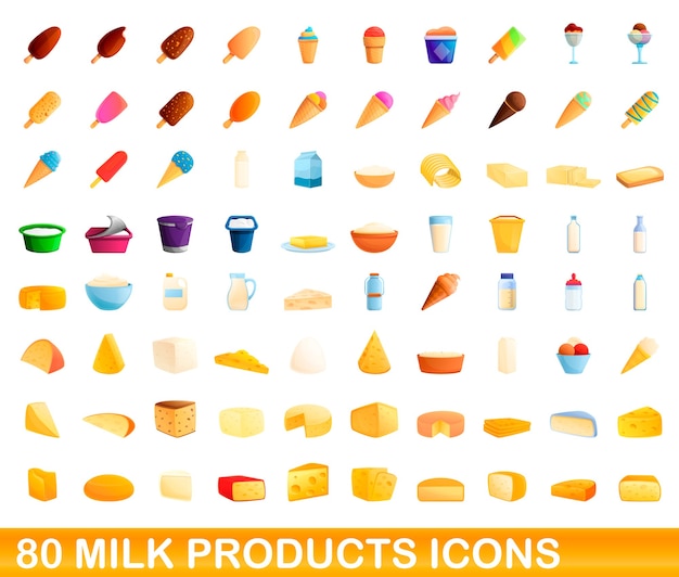 Conjunto de ícones de produtos lácteos. ilustração dos desenhos animados de ícones de produtos lácteos em fundo branco