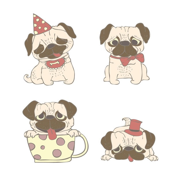 Conjunto de ícones de pug. conjunto de desenhos animados de ícones vetoriais de pug fofos para web design