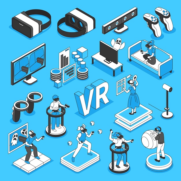 Conjunto de ícones de realidade virtual com símbolos de recreação VR isométricos ilustração vetorial isolado