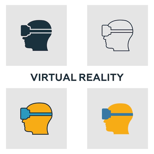 Conjunto de ícones de realidade virtual Quatro elementos em estilos diferentes da coleção de ícones de dispositivos visuais Ícones de realidade virtual criativos cheios de contornos coloridos e símbolos planos