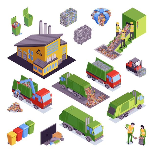 Conjunto de ícones de reciclagem de lixo isométrico com classificação e prensagem de contêineres de lixo e ilustração vetorial de caminhões