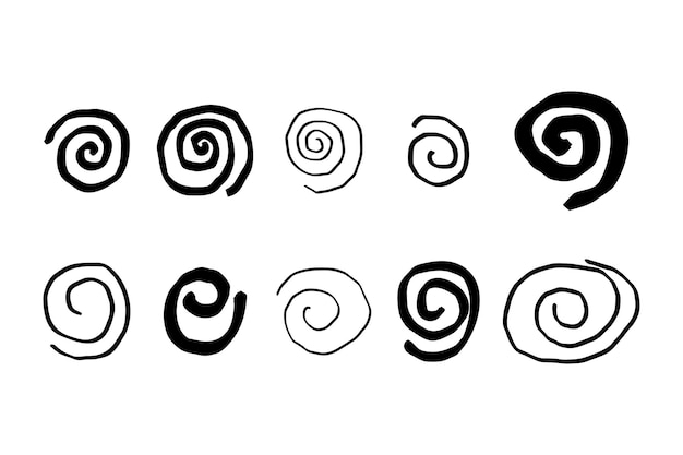 Conjunto de ícones de redemoinho espiral desenhado à mão elementos geométricos de movimento de direção diferente no doodle de esboço