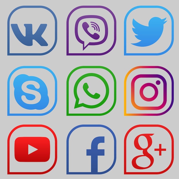 Conjunto de ícones de redes sociais populares youtube instagram twitter facebook whatsapp skype