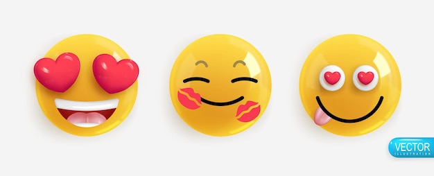 Conjunto de ícones de renderização 3d realista de emoção Sorriso Emoji Vector emoticons brilhantes amarelos