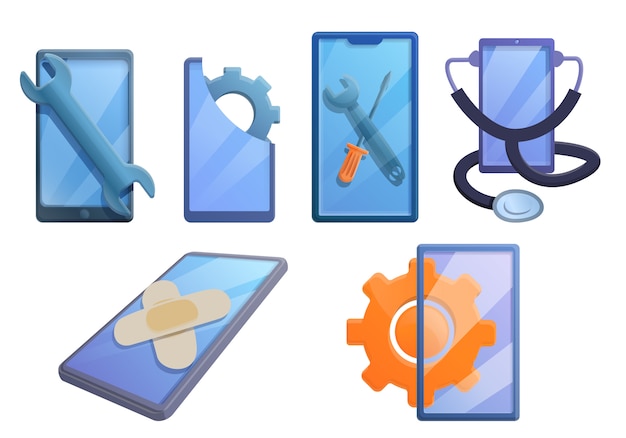 Vetor conjunto de ícones de reparação de telefone móvel, estilo cartoon
