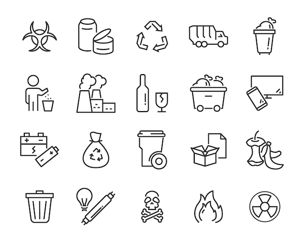 Vetor conjunto de ícones de resíduos, como lixo, poluição, sujo, lixo, indústria