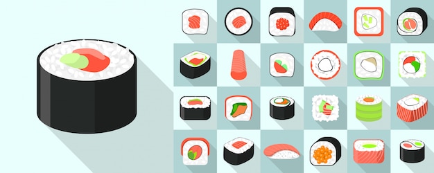 Conjunto de ícones de rolo de sushi, estilo simples