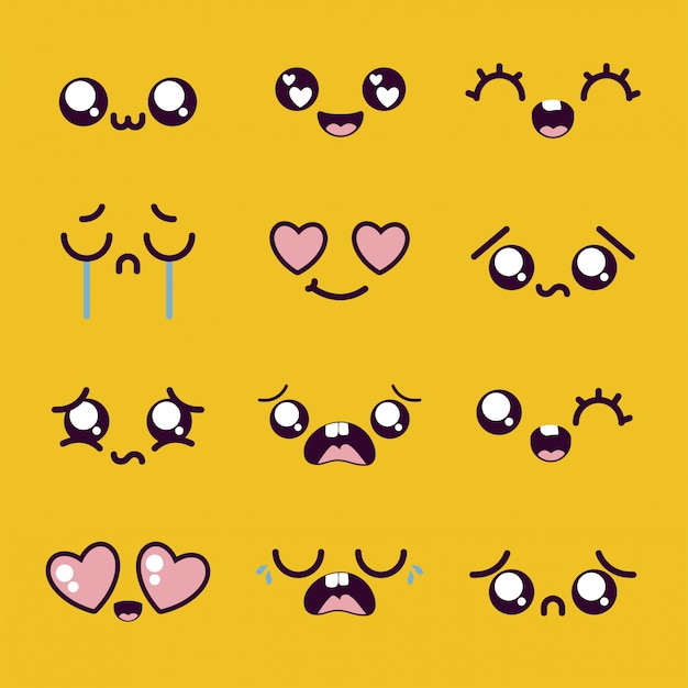 Conjunto de ícones de rosto de desenho animado kawaii sobre amarelo